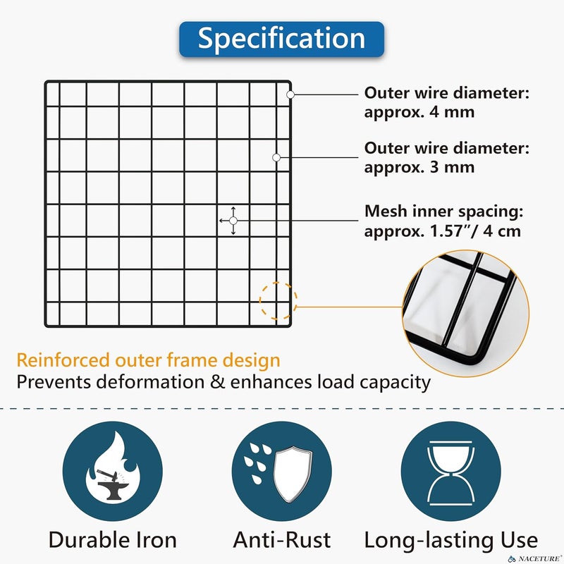 NACETURE 4 Pack Heavy-Duty Grid Wall Panels 12x12 – Double Wire Reinforced Wire Mesh Organizer, 30 lbs Capacity, Wall Display with Hooks & Accessories – Easy to Install for Home, Office & Décor - Image 4